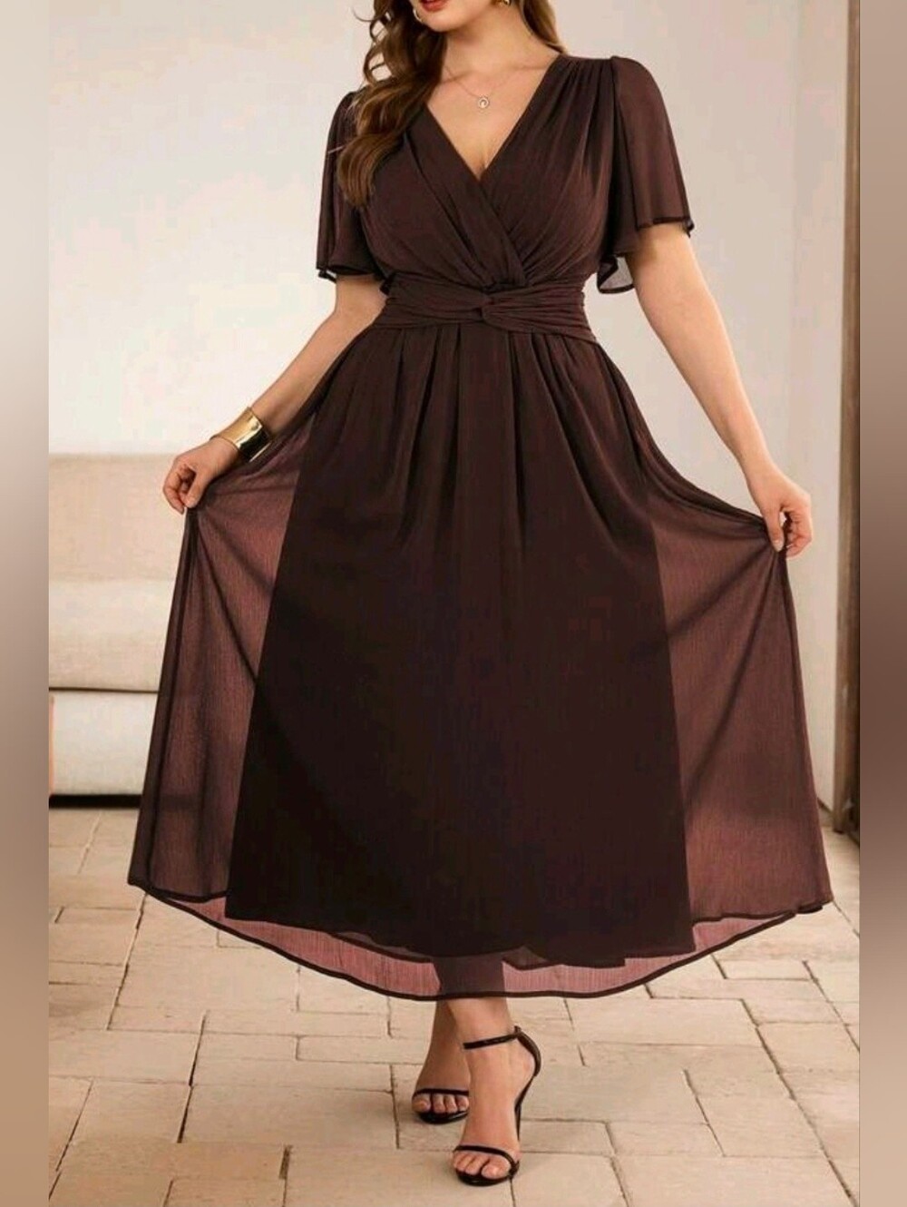 New Flowy Chiffon Flutter Sleeve Wrap Twist Long Dress PLUS Brown - Picture 3 of 9